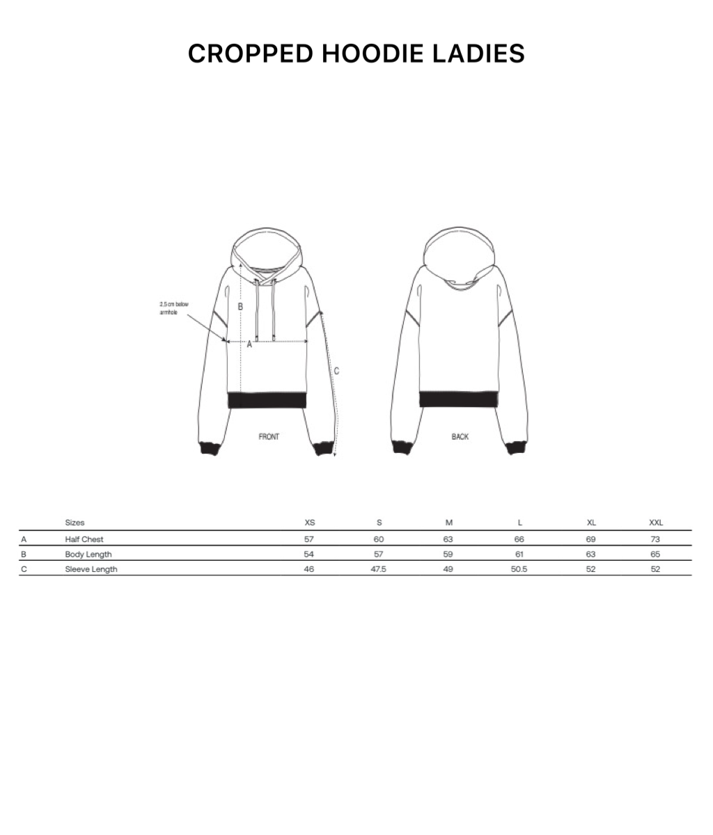 Technical size guide illustration for the Best Human Beaming cropped hoodie, showing a line drawing of the hoodie with dimensions.
