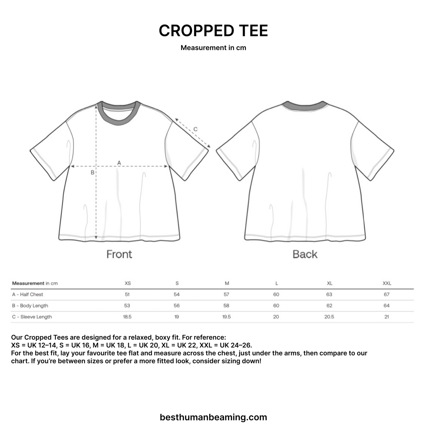 Sizing Guide for Best Human Beaming Cropped Ladies Tee