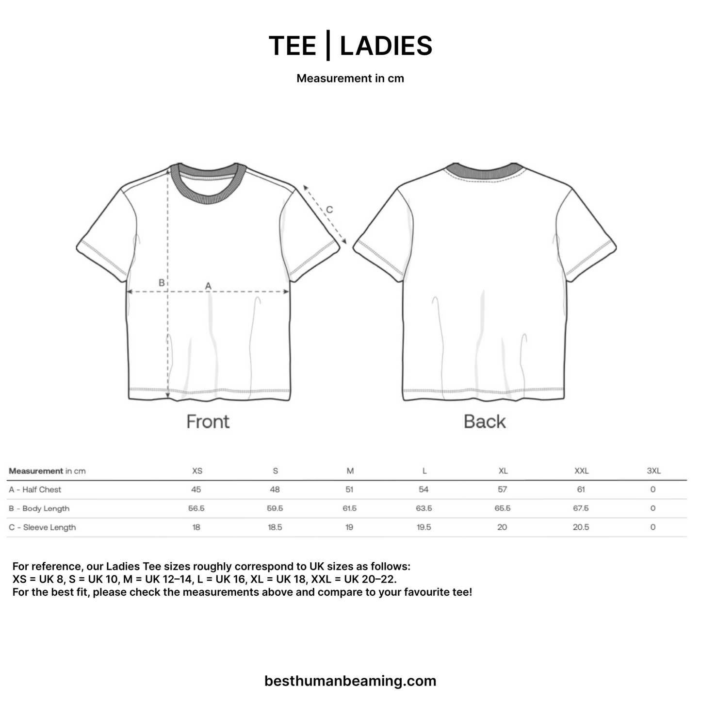 Sizing Guide for Best Human Beaming Ladies Tee