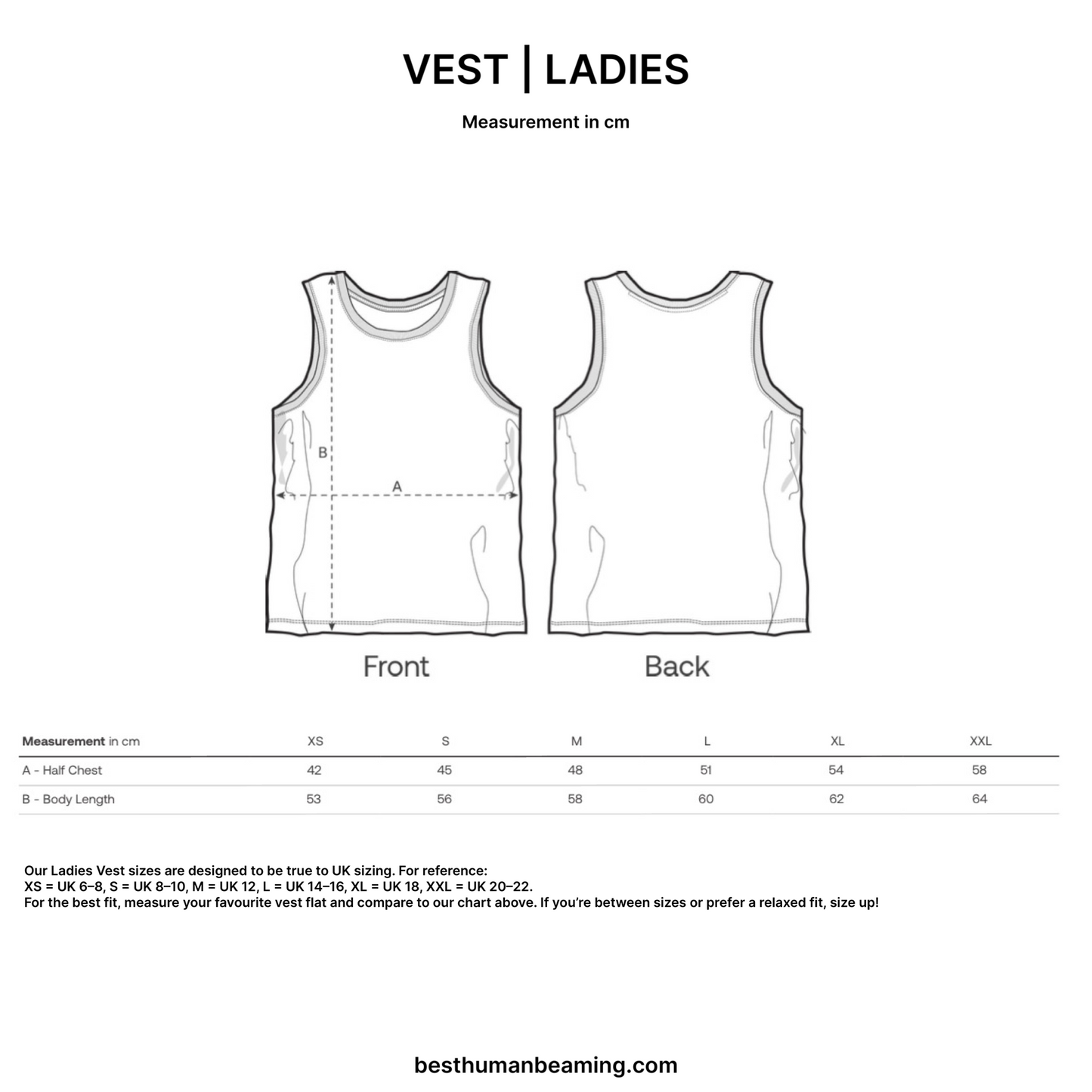 Sizing Guide for Best Human Beaming Ladies Vest