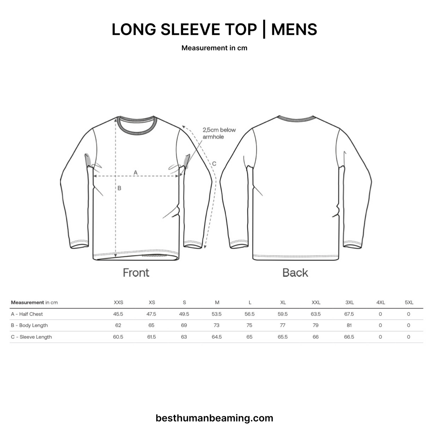Sizing Guide for Best Human Beaming Men’s Long Sleeve Top