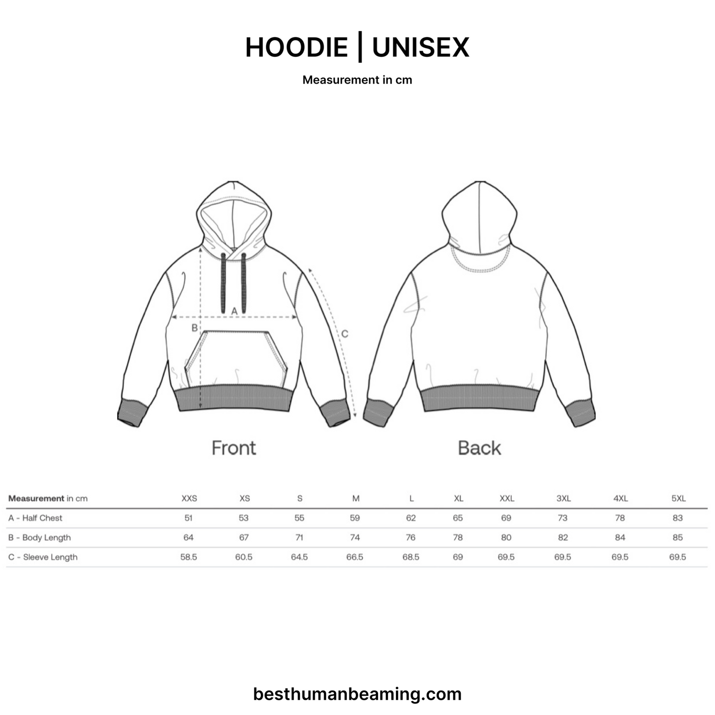 Sizing Guide for Best Human Beaming Unisex Hoodie