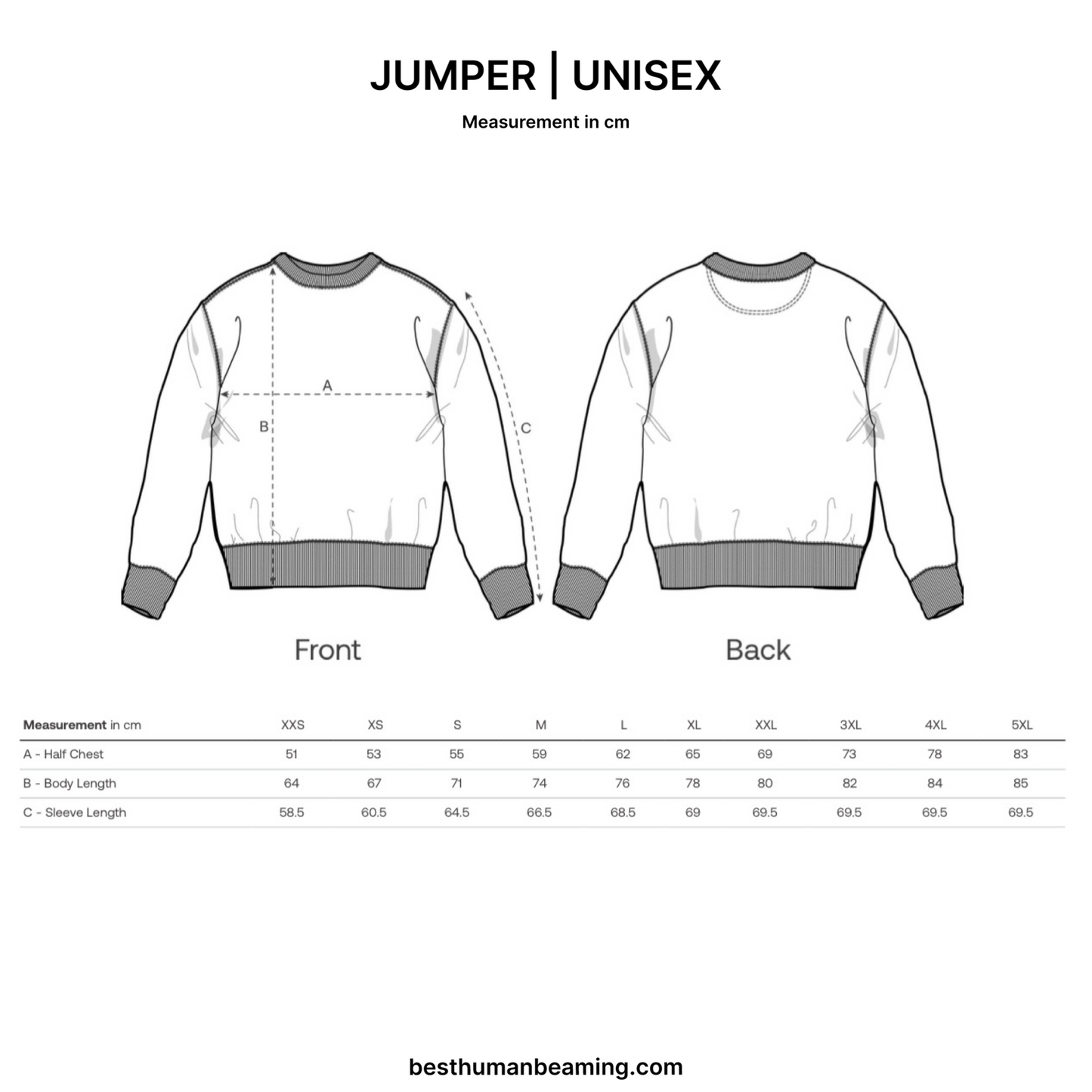 Sizing Guide for Best Human Beaming Unisex Jumper
