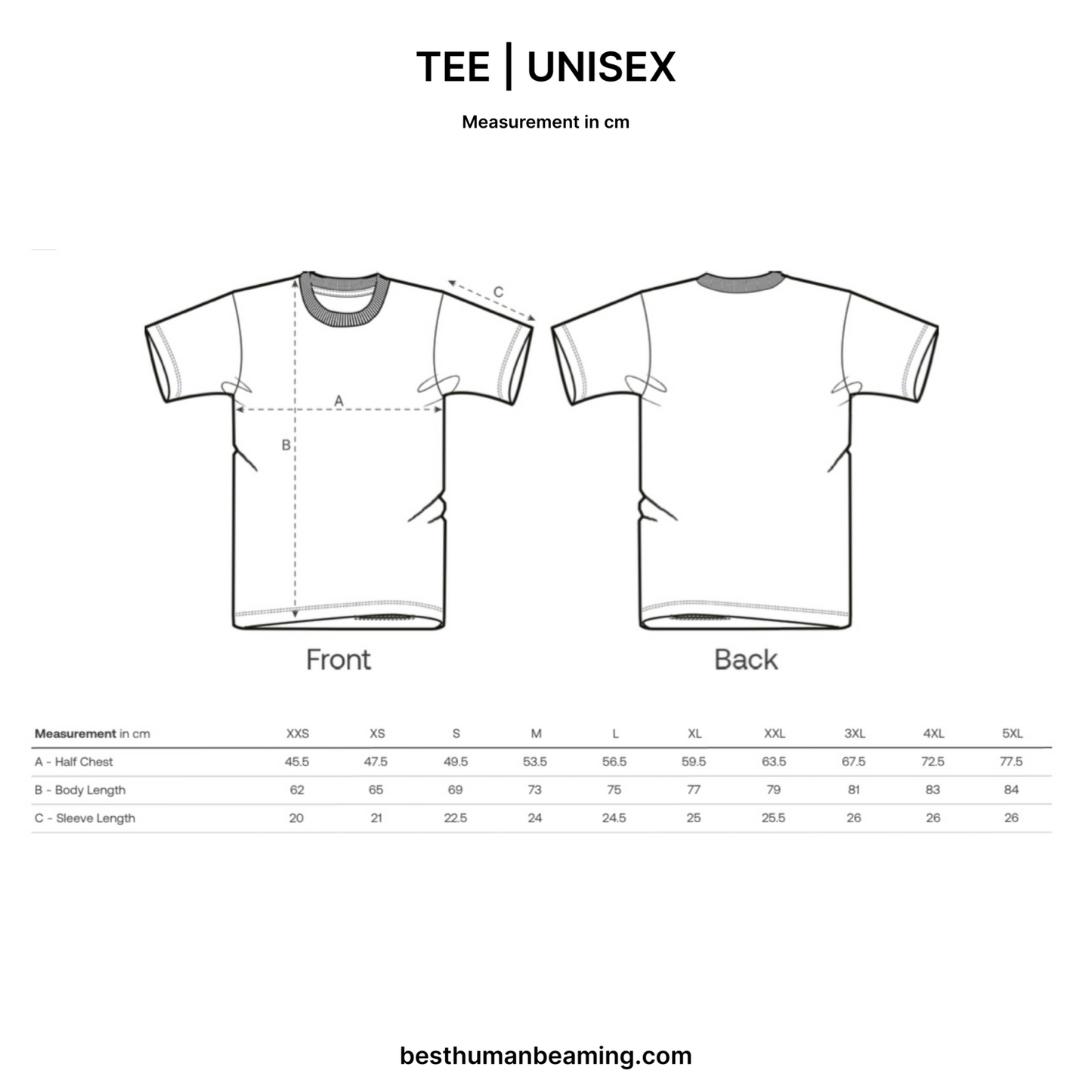 Sizing Guide for Best Human Beaming Unisex Tee