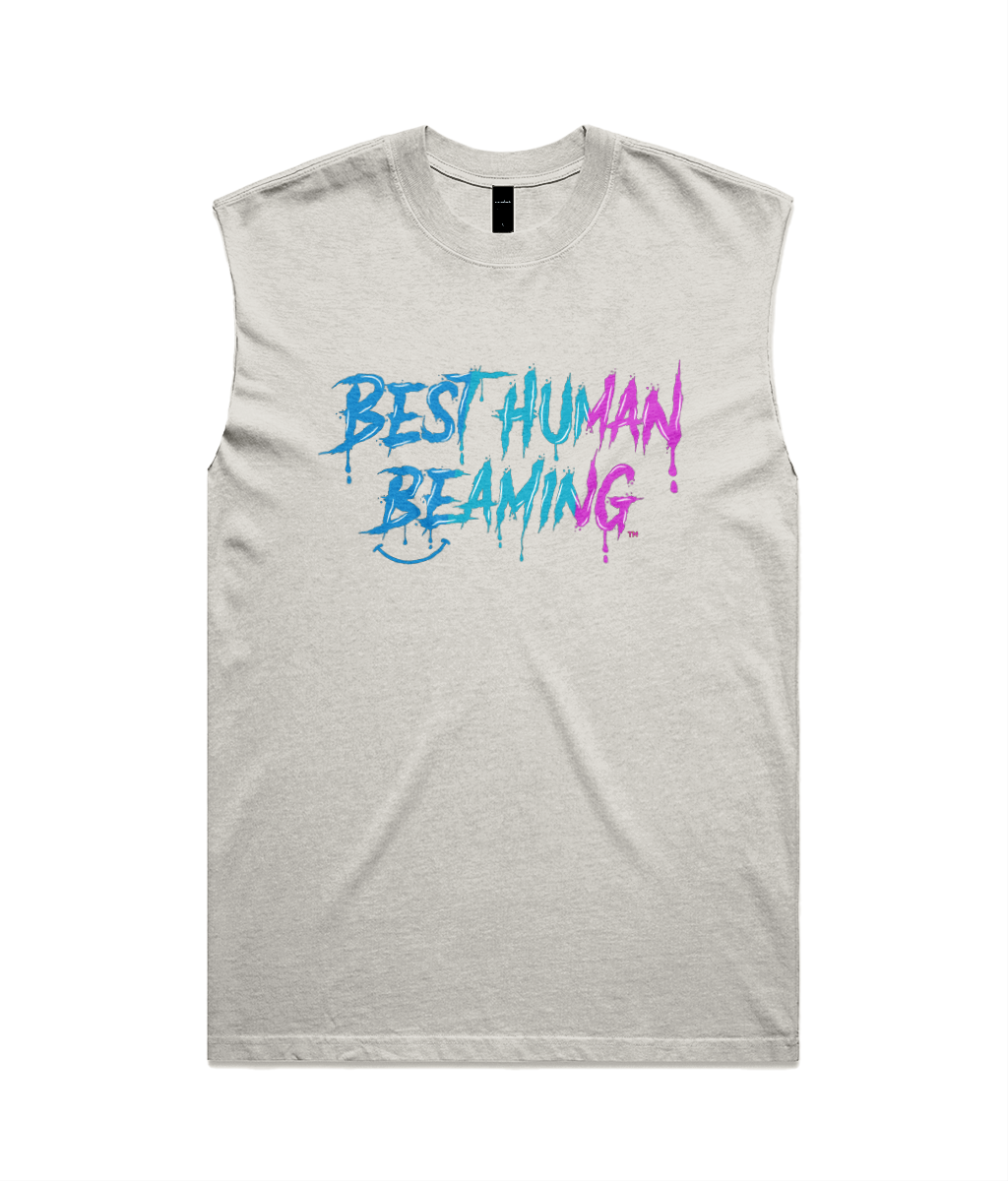 A bone coloured sleeveless t-shirt featuring the words “Best Human Beaming” in a bold, graffiti-style font. The text fades from blue to pink and includes a small smiley face accent beneath. The vest is laid flat against a white background, highlighting its vibrant, uplifting design.