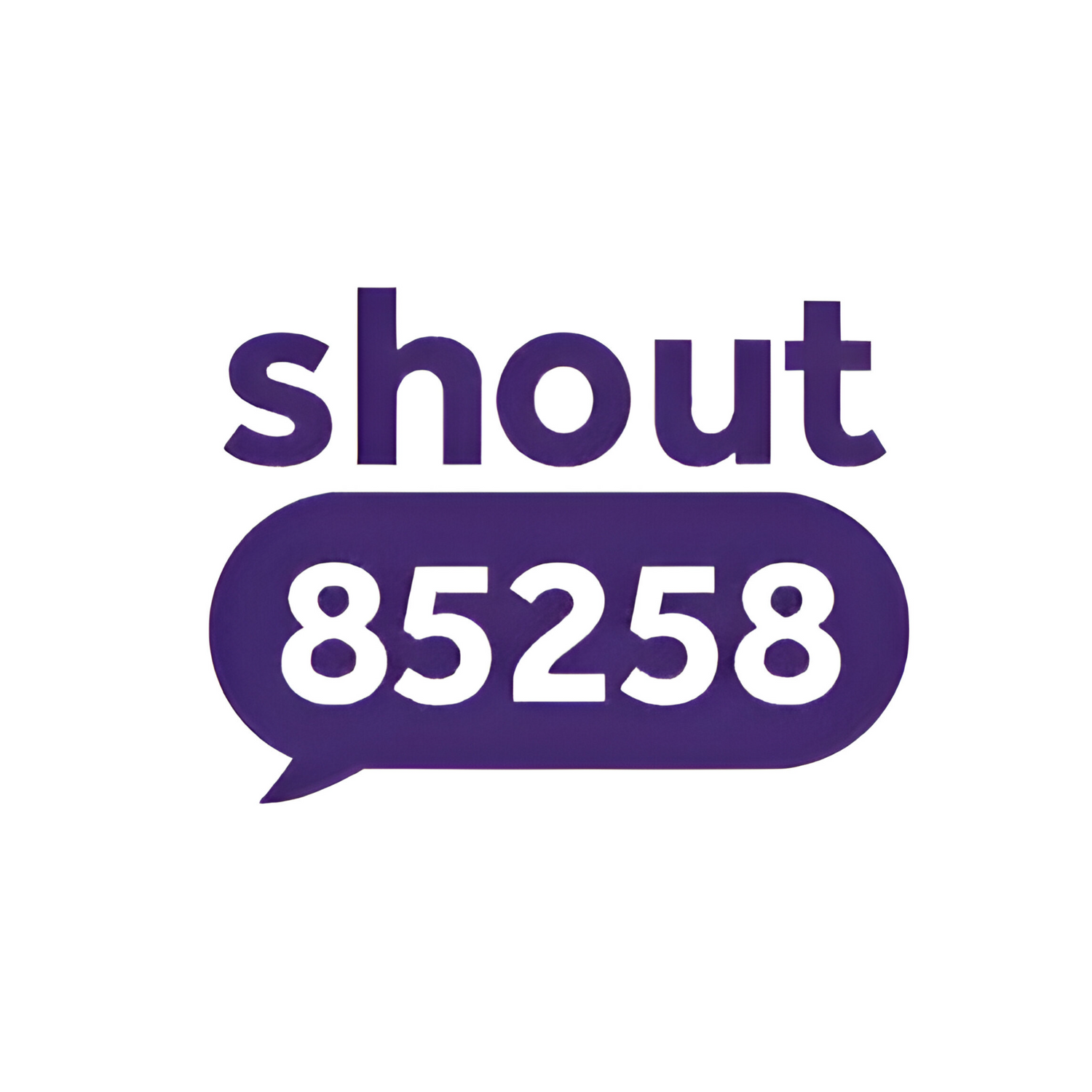 Shout charity logo with the text “shout 85258” in purple, highlighting the free 24/7 mental health text support number in the UK.