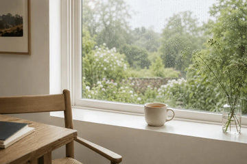 Cream ceramic mug of tea on a bright windowsill overlooking a lush garden in gentle rain, with soft natural light, wooden chair and calm Scandinavian-inspired interior.