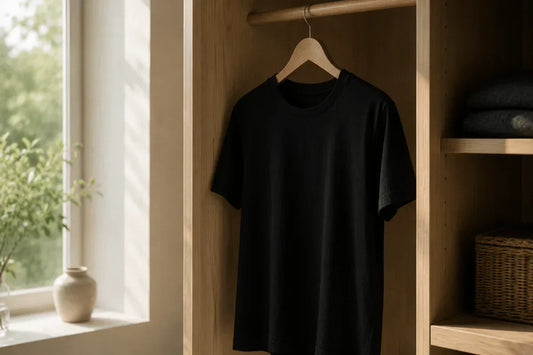 singular black t shirt hung in wardrobe 
