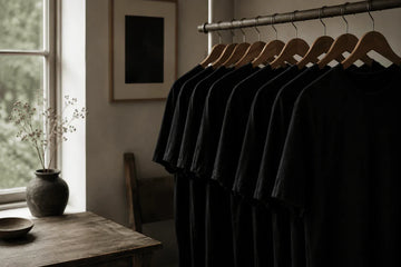 Row of black organic cotton T-shirts hanging on wooden hangers in a calm Scandinavian-inspired studio with soft natural light highlighting the fabric texture.