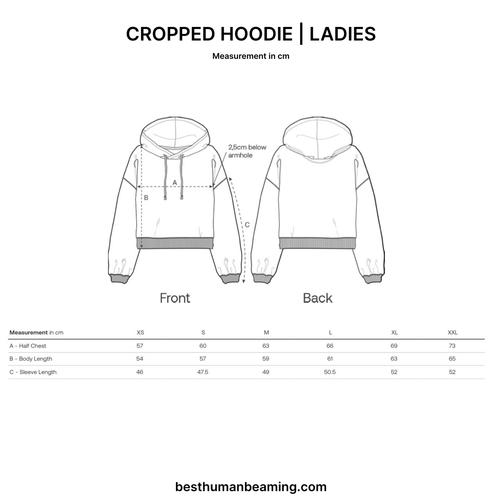 Sizing Guide for Best Human Beaming Cropped Ladies Hoodie 