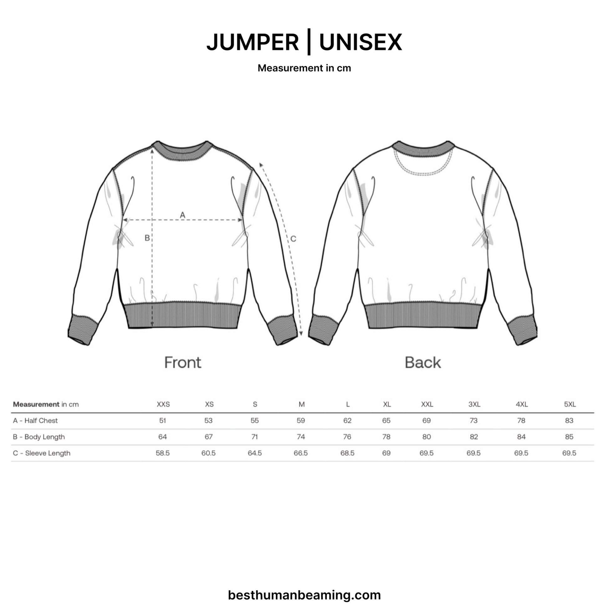 Sizing Guide for Best Human Beaming Unisex Jumper 