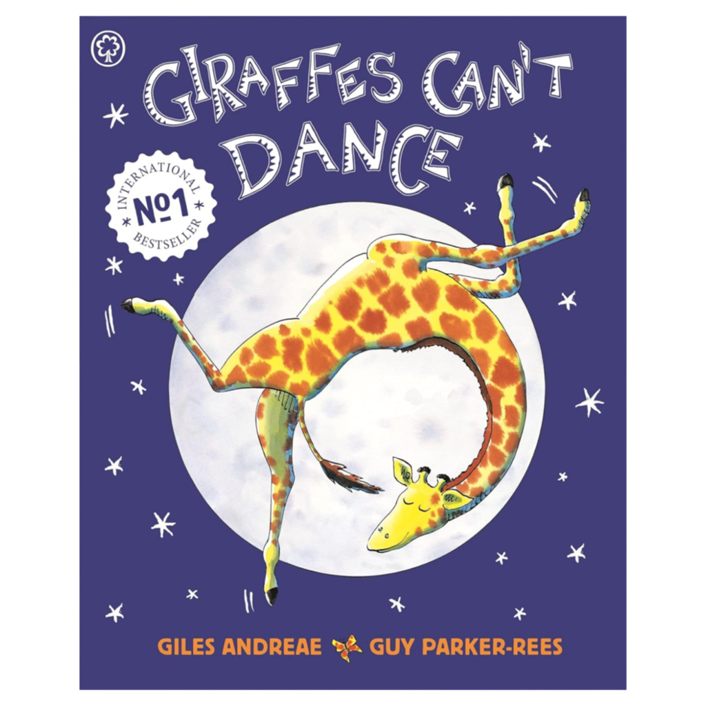 Book cover for “Giraffes Can’t Dance” by Giles Andreae and Guy Parker-Rees, featuring a dancing giraffe against a purple sky and full moon. A children’s book about self-acceptance.