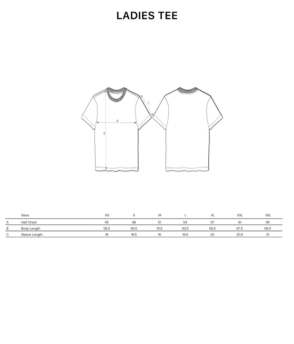 Technical size guide illustration for the Best Human Beaming ladies tee, showing a line drawing of the tee with dimensions.