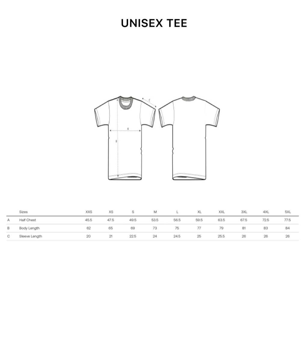 Technical size guide illustration for the Best Human Beaming unisex tee, showing a line drawing of the tee with dimensions.