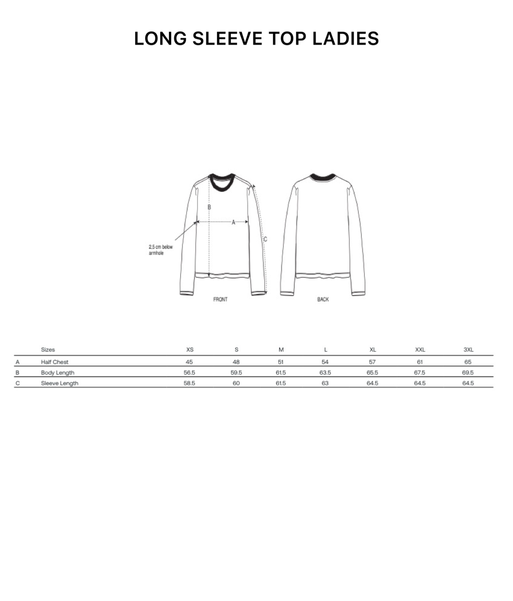 Technical size guide illustration for the Best Human Beaming ladies long sleeve top, showing a line drawing of the top with dimensions.