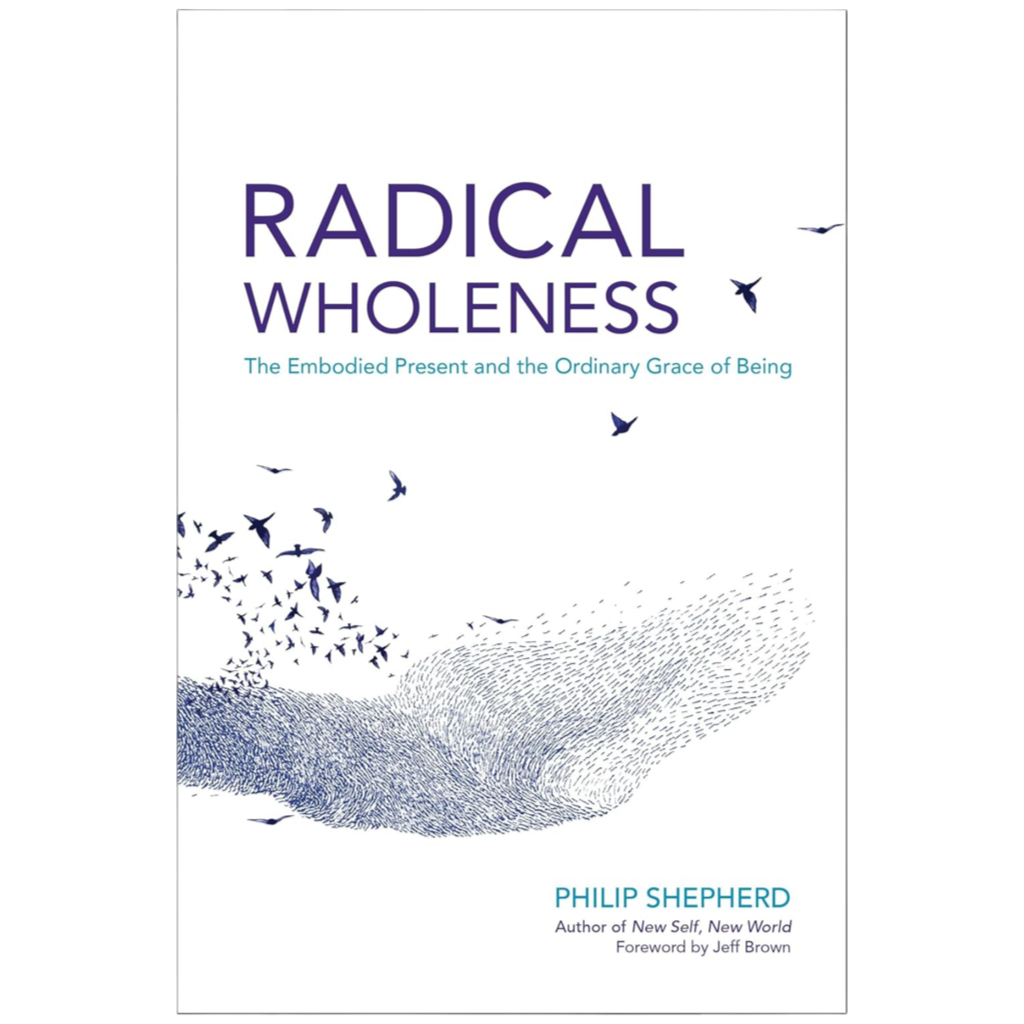 Book cover of “Radical Wholeness” by Philip Shepherd, featuring a flock of blue birds forming the shape of a hand on a white background. A thoughtful exploration of presence, embodiment, and living in harmony with yourself and the world.