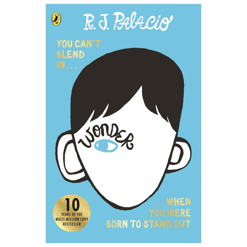 Book cover for “Wonder” by R.J. Palacio, featuring a simple illustration of a boy’s face on a blue background. The title appears as the boy’s eye. A story about kindness and embracing differences.