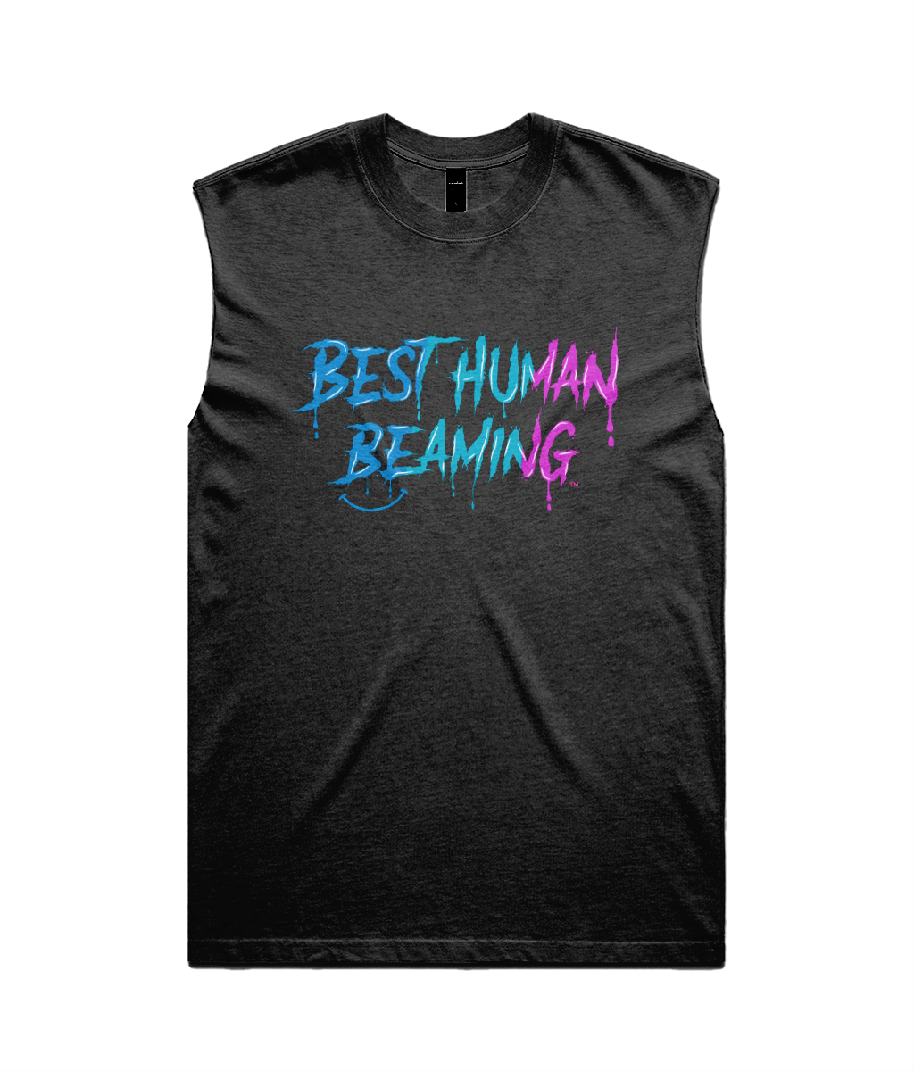 A black sleeveless t-shirt featuring the words “Best Human Beaming” in a bold, graffiti-style font. The text fades from blue to pink and includes a small smiley face accent beneath. The vest is laid flat against a white background, highlighting its vibrant, uplifting design.